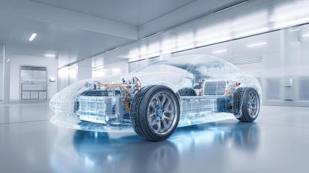 Electric Car Internal Components Blueprint Visualization Future Automotive Engineering and Sustainable Technology Design photo
