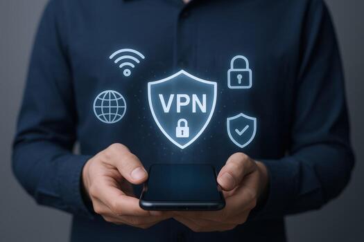 Man Holding Phone Displaying VPN Shield, Highlighting Online Security and Data Protection Concepts photo