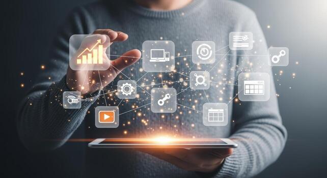 Digital Business Growth Strategy with Man Holding Tablet and Futuristic Icons Displaying Data photo