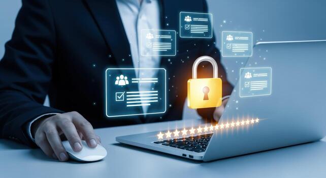 Data Privacy and Protection Concept Business Man Securing Information on Laptop with Digital Padlock photo