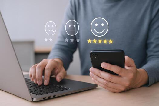 Customer Feedback Evaluation Person Using Laptop and Smartphone to Assess User Experience with Graphic Overlays photo