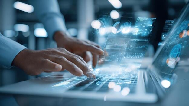 Data Analyst Working on Laptop with Futuristic HUD Interface Displaying Financial Statistics photo
