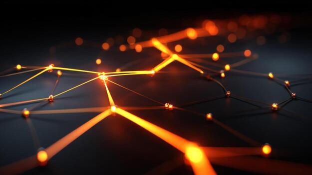Abstract Network Connection with Glowing Orange Lines, Dots, and Depth of Field, Representing Data photo