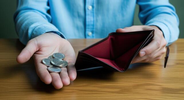 Man with Empty Wallet Holding Few Coins Depicting Financial Difficulty and Economic Hardship photo