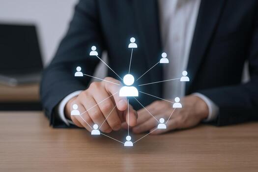 Business Professional Tapping Holographic Social Network Connection, Collaboration, and Digital Business Concept photo