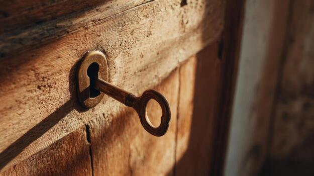 Old Key in Keyhole of Wooden Door, Symbolizing Opportunity, Access, and Security photo