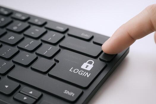 Finger presses login key on computer keyboard, securing online access with password protection and data safety photo