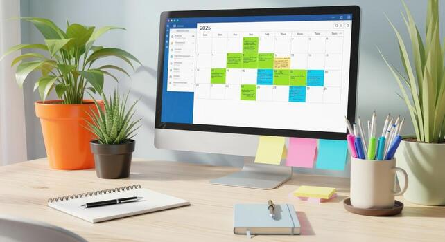 calendario en computadora pantalla mostrando calendario y tarea plazos con papelería, planificador y plantas foto