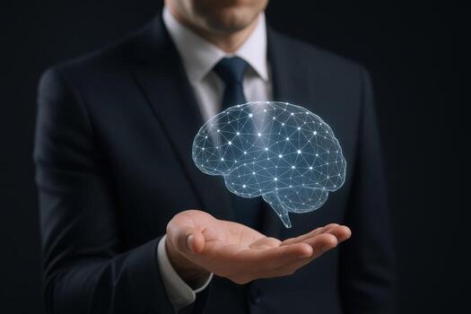 Artificial Intelligence Concept Businessman Holding Holographic Brain Illustrating Technological Advancement and Cognitive Capabilities photo