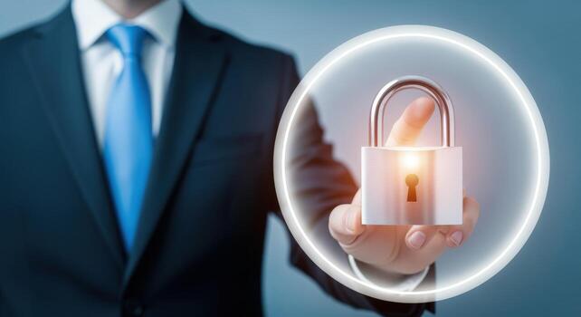 Businessman Securing Data with Padlock and Protective Shield, Illustrating Cyber Security and Data Protection photo