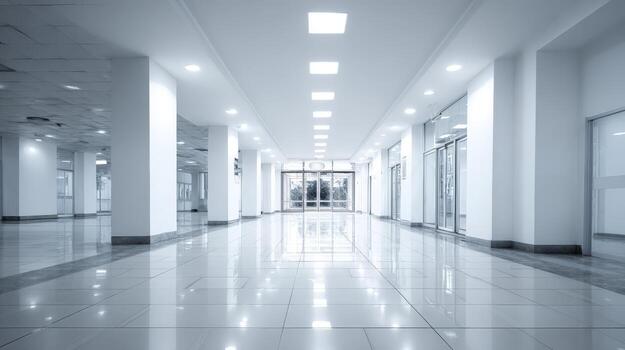 Modern Architecture Empty White Hallway with Columns and Reflective Floor in Commercial Building photo