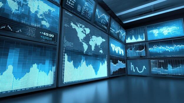 Control Room Displays with Financial Charts, World Map, and Technical Analysis for Data Monitoring photo