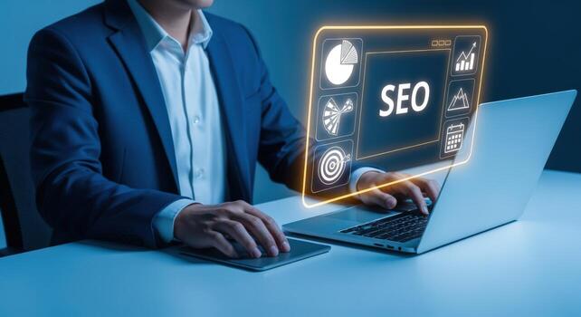 hombre en traje optimizando sitio web seo estrategia con ordenador portátil y digital interfaz monitor foto