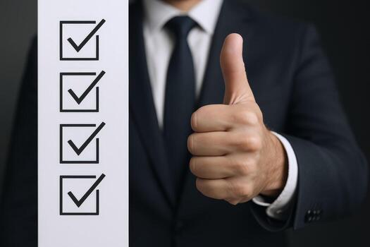 Business Man Showing Thumbs Up with Checklist Success, Approval, and Project Completion photo