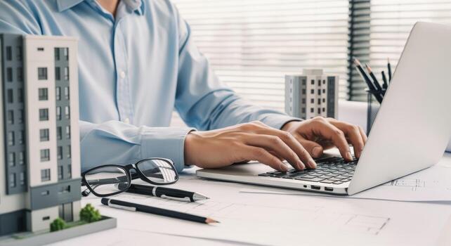 Architect Working on Laptop with Building Model, Blueprints, and Planning Tools in the Office photo