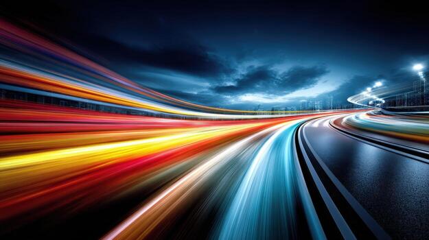 Dynamic Long Exposure of Highway Lights at Night, Showing Speed and Motion for Transportation Concepts photo