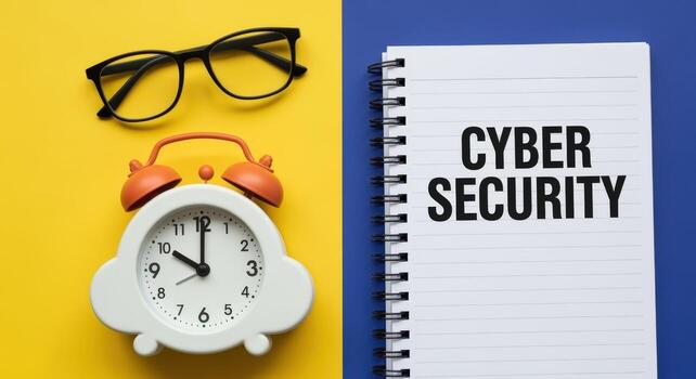 Cybersecurity Concept with Alarm Clock, Glasses, and Notepad on Contrasting Background photo