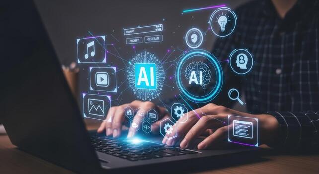 AI Integration Person Typing on Laptop Surrounded by Artificial Intelligence Interface Icons and Holographic Graphics photo