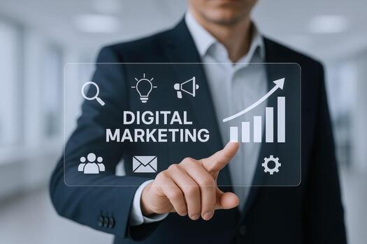 Digital Marketing Strategy Concept Man Interacting with Virtual Screen Displaying Analytics and Online Promotion Symbols photo