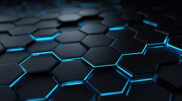 Abstract Dark Hexagon Background with Blue Glowing Lines, Geometric Pattern, Modern Technology Design photo