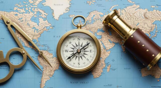Navigation Tools Set on a World Map Compass, Dividers, and Telescope for Exploration and Cartography photo