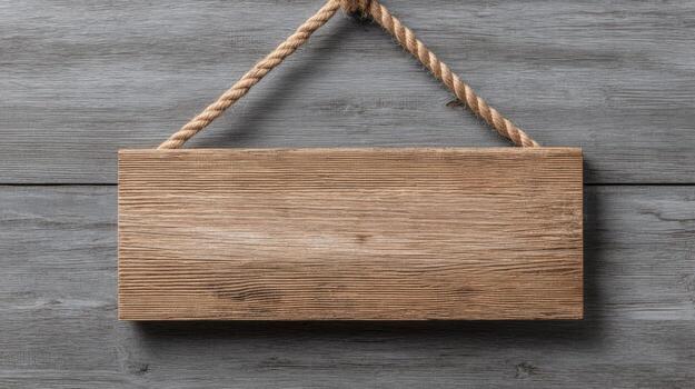 Rustic Wooden Sign Hanging on Textured Gray Wall, Perfect for Customizable Messages and Creative Designs photo