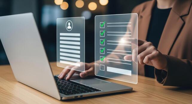 Online Application Processing on Laptop Digital Forms, Resume Submission, Job Search, and E-recruitment Concept photo