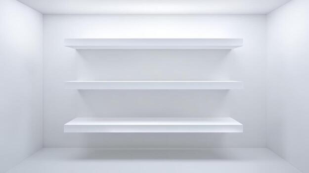 Clean White Room with Three Empty Shelves Minimalist Interior Design for Product Mockups and Displays photo