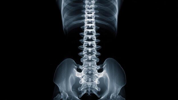 X-ray Image of Human Spine and Rib Cage, Showing Vertebrae, Pelvis, and Skeletal Structure photo