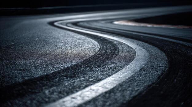 Sinuous Asphalt Road with Tire Marks, Dark and Moody Scene for Transportation and Automotive Concepts photo