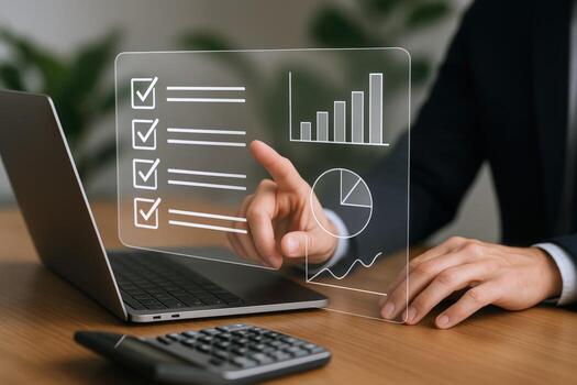 Business Analysis with Digital Interface Businessman Analyzing Data Charts and Checklists on Transparent Screen photo