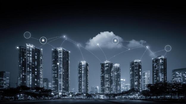 Modern Cityscape Connecting with Cloud Technology, Representing Smart City Network Infrastructure and Cybersecurity in Urban Environment photo