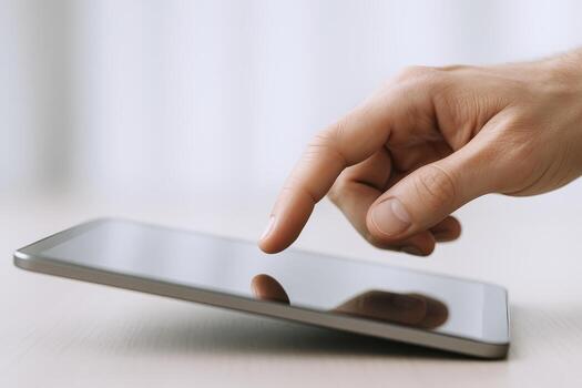 Finger Touching Tablet Screen Display for Mobile Application or Website Design Interface, Technology Concept photo