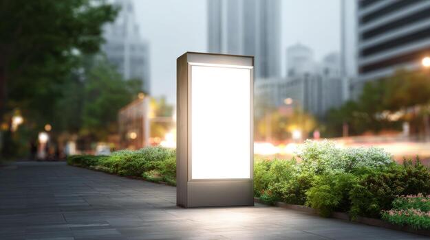 Illuminated City Lightbox Mockup on Sidewalk Displaying Advertising in Urban Setting at Dusk photo