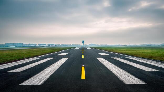 pista perspectiva debajo nublado cielo con distante figura ofrecimiento temas de viajes, aviación y exploración foto