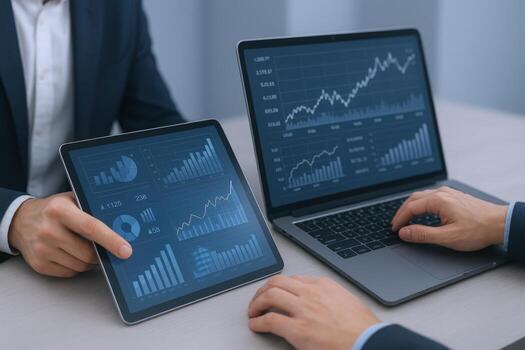 Financial Data Analysis on Digital Devices Laptop and Tablet Displaying Stock Market Charts and Business Metrics photo