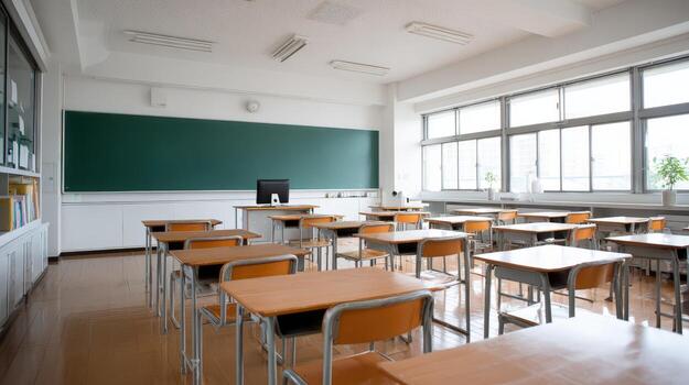 Empty Classroom with Desks and Blackboard, Ready for Students, Represents Education and Learning Environment photo