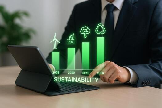 Sustainability Goals Projected with Digital Interface on Tablet Displayed in Front of a Businessman photo