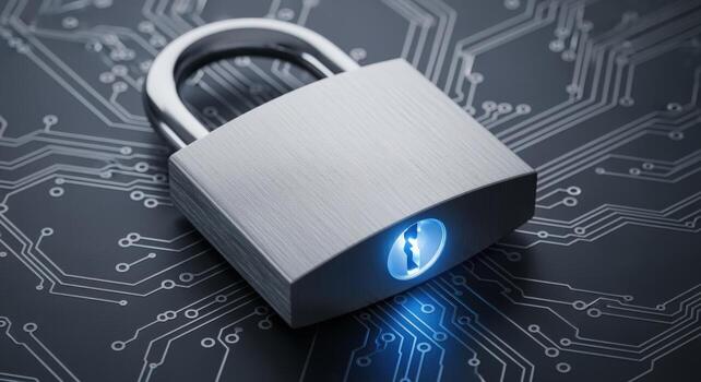 Padlock on Circuit Board Illustrating Data Security and Digital Protection Concepts in Technology photo