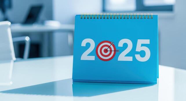 Calendar Displaying Year 2025 with Target Symbol, Representing Goals, Future Planning, and Business Objectives in Blue Tones photo