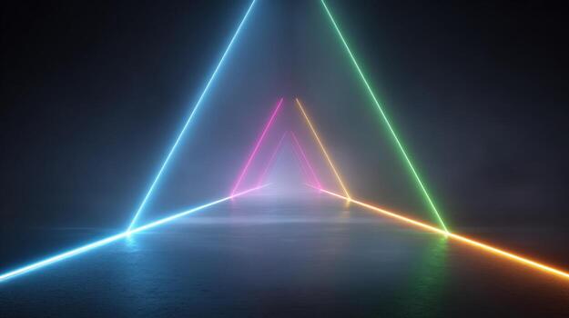 Abstract Neon Triangle Tunnel Futuristic Glowing Light Portal for Science Fiction and Technology Concepts photo