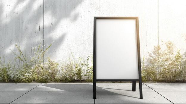 Blank A-Frame Sign Mockup on Sidewalk with Nature Background, Ready for Custom Design or Message photo