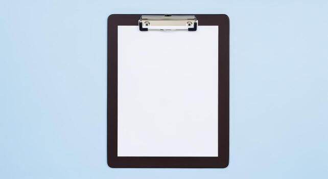 Clipboard with Blank White Paper Mockup Isolated on Light Blue Background for Business Concepts photo