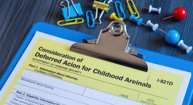Consideration of Deferred Action for Childhood Arrivals Application Form on Blue Clipboard with Push Pins and Binder Clips photo