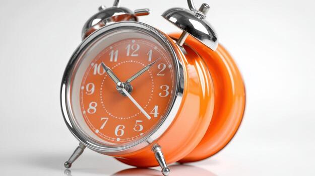 Vibrant Orange Twin Bell Alarm Clock on White Background, Symbolizing Time Management and Punctuality photo