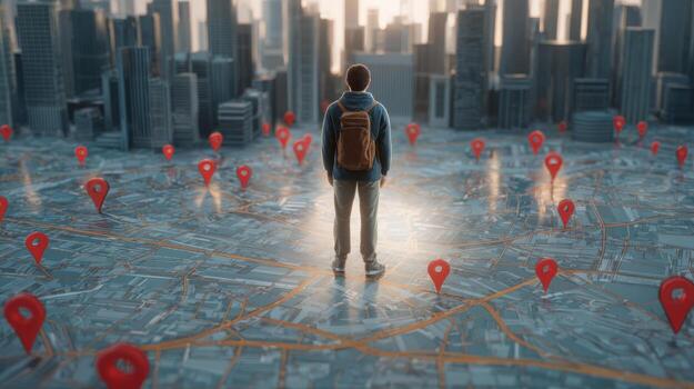 Man Standing on City Map Surrounded by Location Pins, Exploring Urban Connectivity and Navigation photo