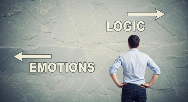 Decision Making Man Contemplates Emotions Versus Logic with Arrows on a Textured Gray Background photo