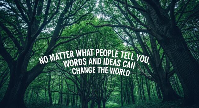 inspirador bosque pabellón con alentador citar acerca de palabras y ideas cambiando el mundo, conjunto en un verde bosque foto