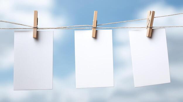 Three Blank White Cards Hung on a Clothesline Against a Bright Sky Backdrop for Mockups photo