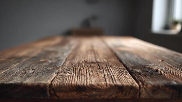 Rustic Wooden Tabletop Background with Natural Grain and Texture, Suitable for Product Mockups and Displays photo